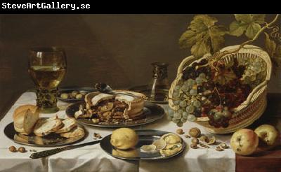 Pieter Claesz Tabletop Still Life with Mince Pie and Basket of Grapes